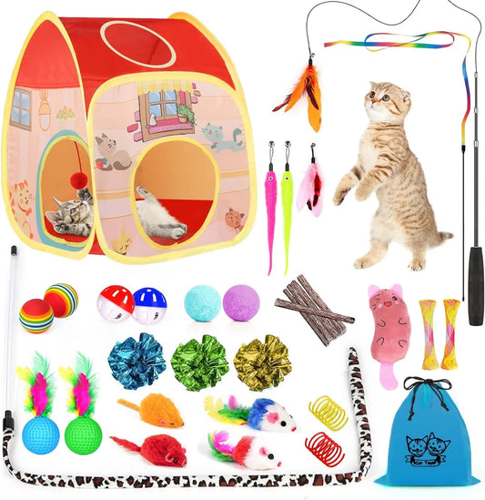 Collection of cat toys including a playhouse, toys on strings, and various other cat toys on a white background.