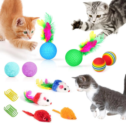 Cat toys including balls with feathers and mice, with cats interacting with them.