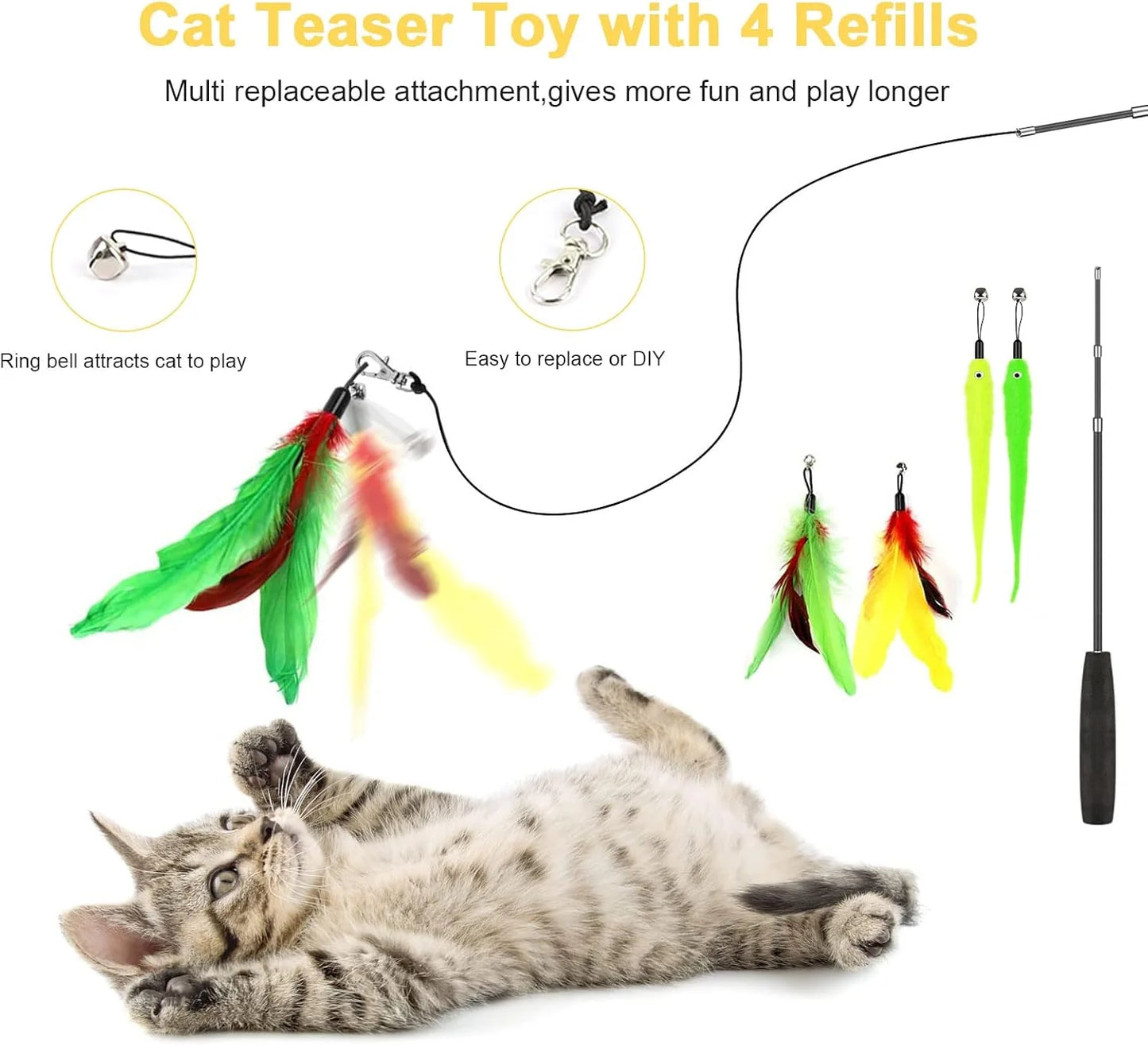 Cat teaser toy with feathers and a cat playing with it, featuring text about multiple replaceable attachments.