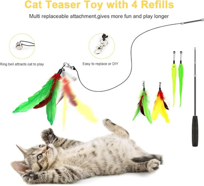 Cat teaser toy with feathers and a cat playing with it, featuring text about multiple replaceable attachments.