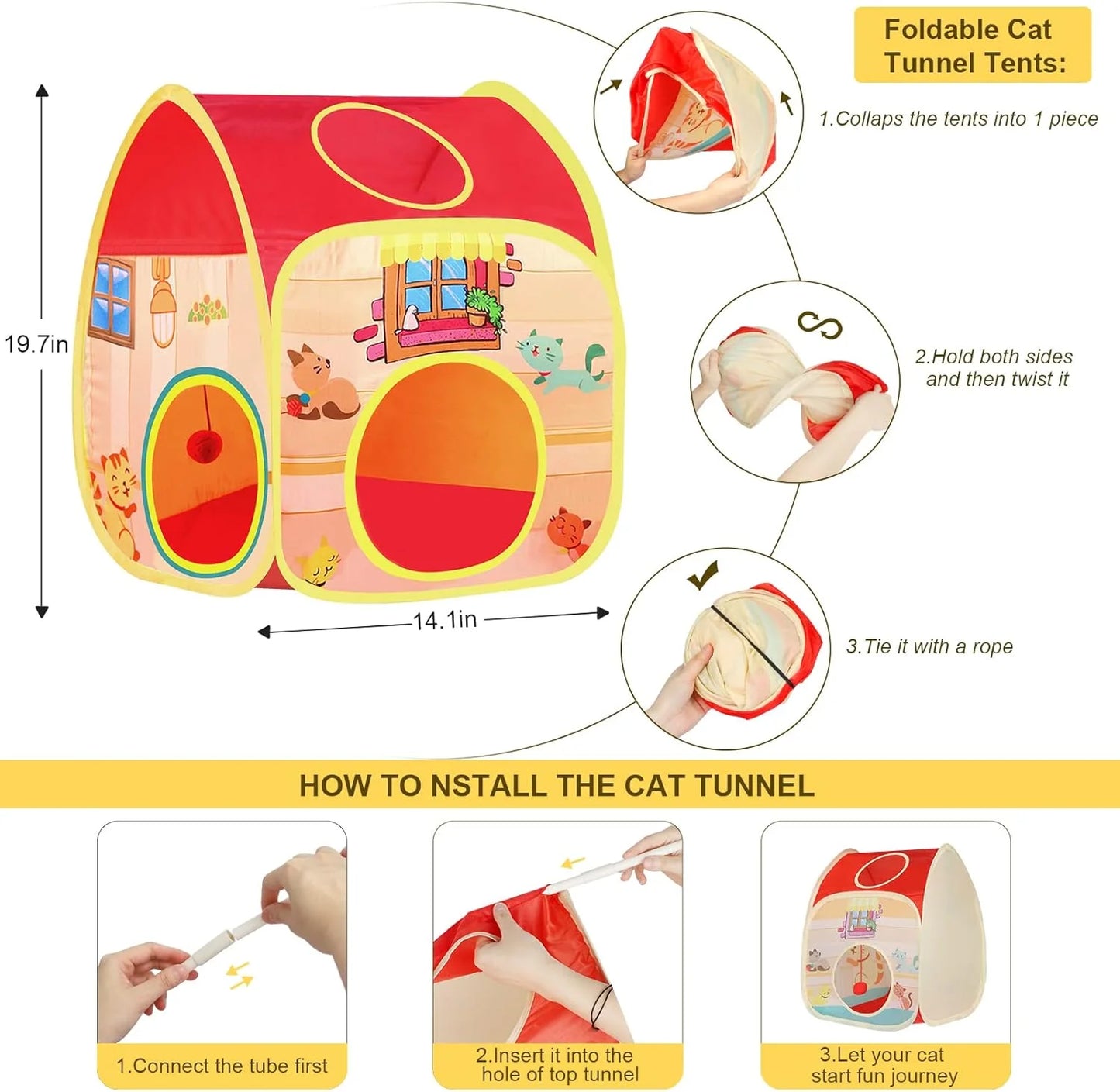 Foldable cat tunnel tent with installation instructions on a white background