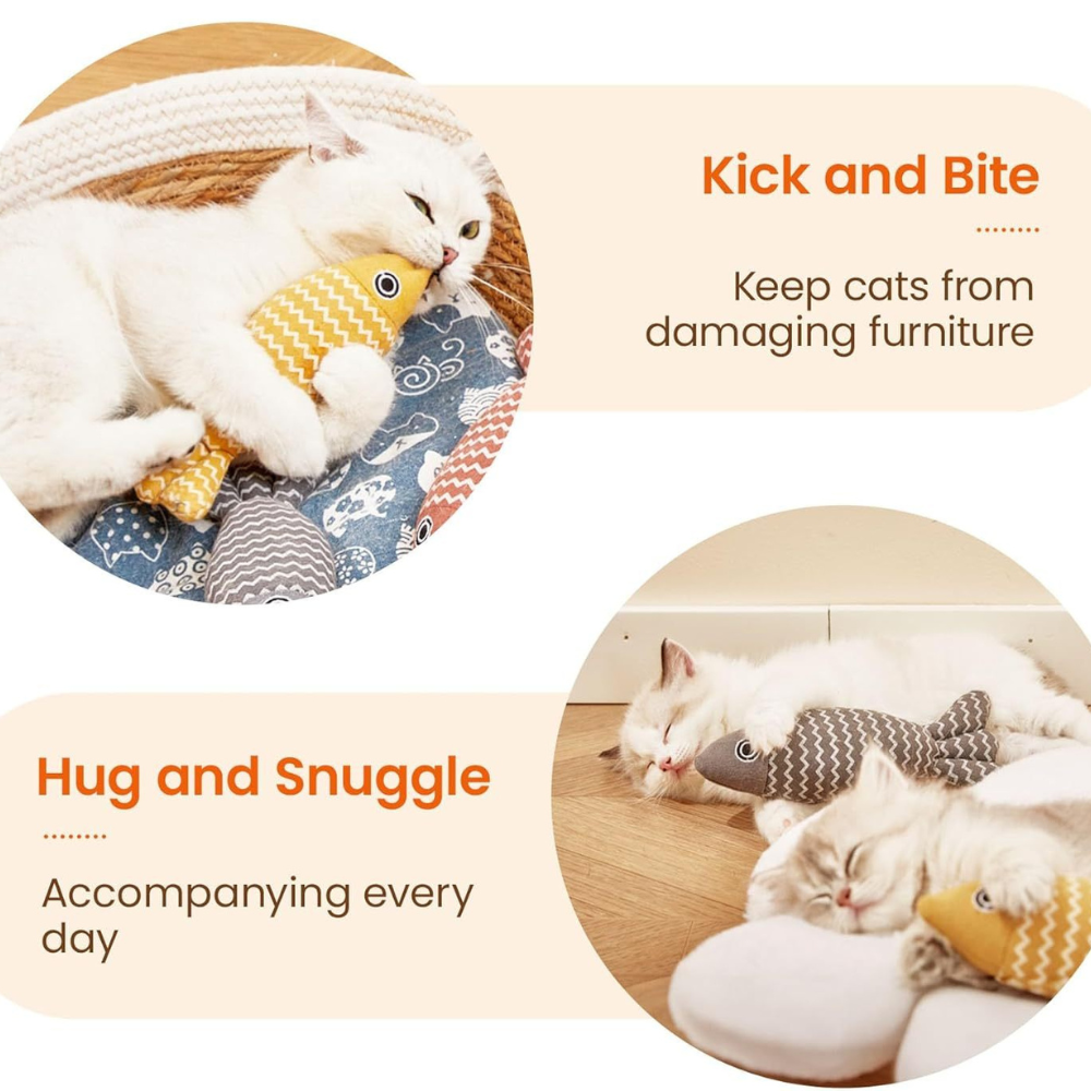 Cats playing with toys, emphasizing 'Kick and Bite' and 'Hug and Snuggle' interactions.