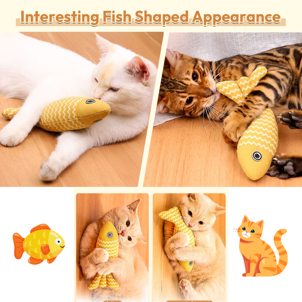 Collage of cats playing with fish-shaped toys on a wooden floor.