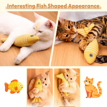 Collage of cats playing with fish-shaped toys on a wooden floor.