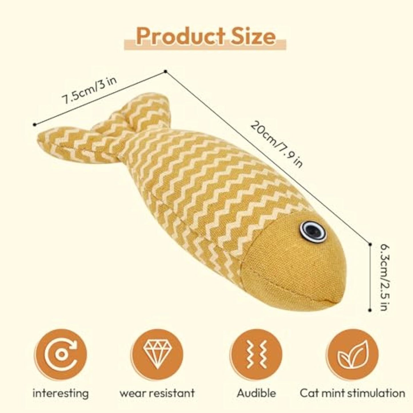 Fish-shaped toy with dimensions and features on a white background