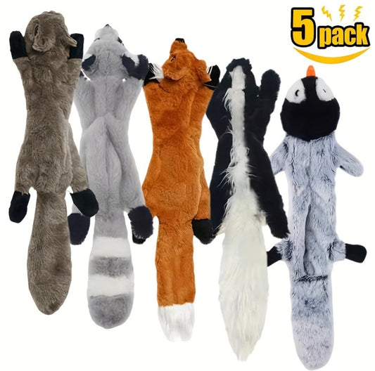 Set of six animal-shaped dog toys with a '5 pack' label on a white background