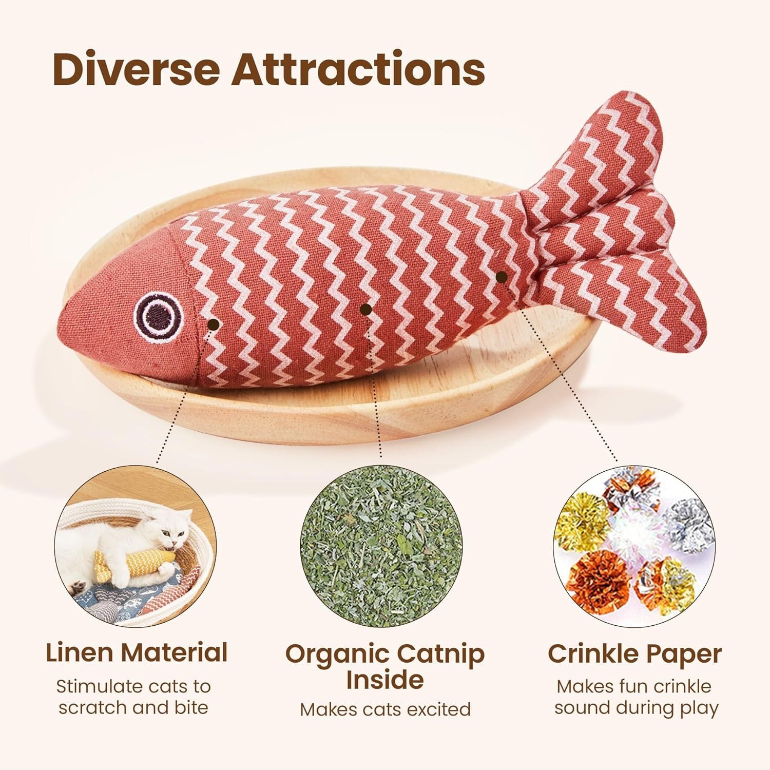 Red fish-shaped cat toy with text describing its features on a beige background