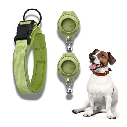 Green AirTag Pet Collar with 2 Leather Holders with attached leash and bell, sitting next to a dog on a white background