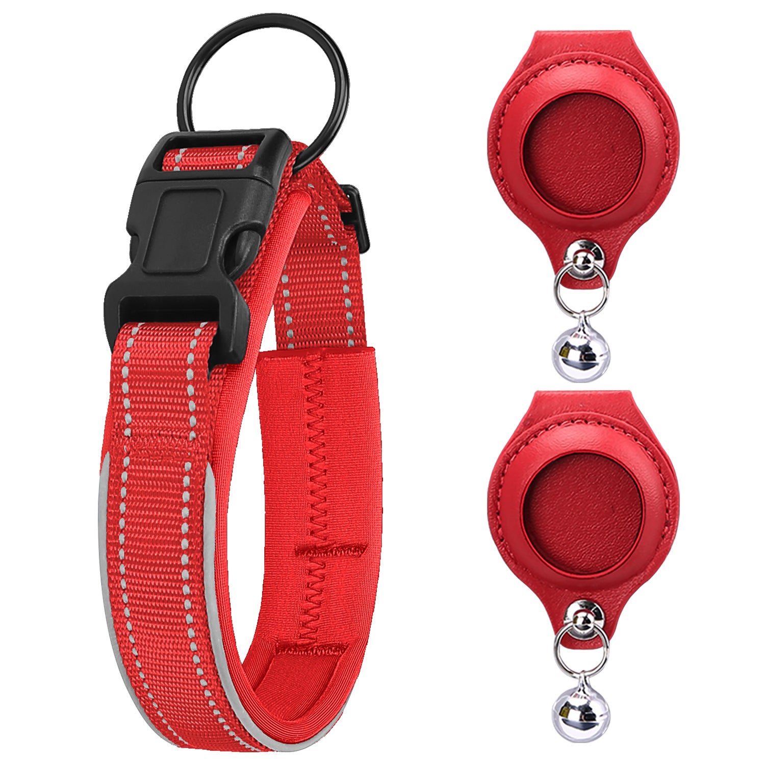 Red AirTag Pet Collar with 2 Leather Holders No Tracker Included with black buckle and matching red retractable leash on a white background