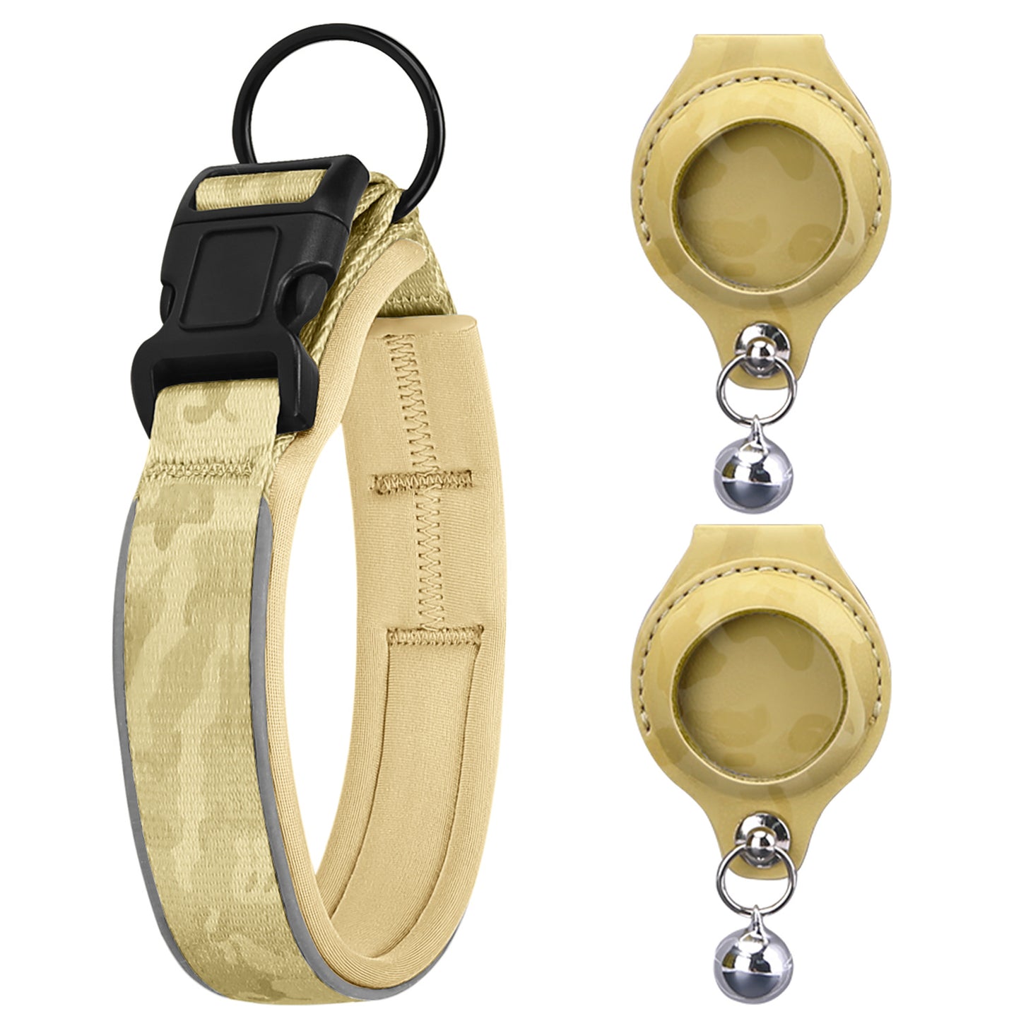 Beige AirTag Pet Collar with 2 Leather Holders No Tracker Included with reflective strip and matching leash on a white background