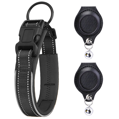 Black AirTag Pet Collar with 2 Leather Holders No Tracker Included with reflective strip and two black retractable leashes on a white background