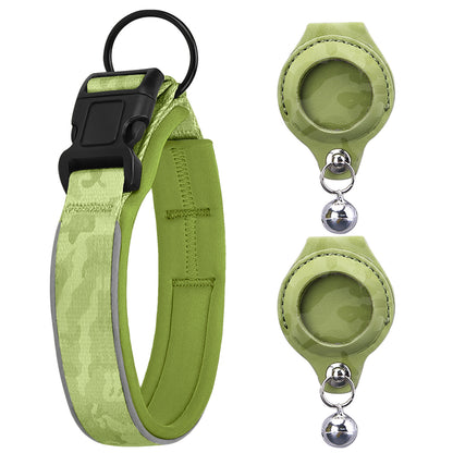 Green AirTag Pet Collar with 2 Leather Holders No Tracker Included with reflective strip and matching clip on a white background