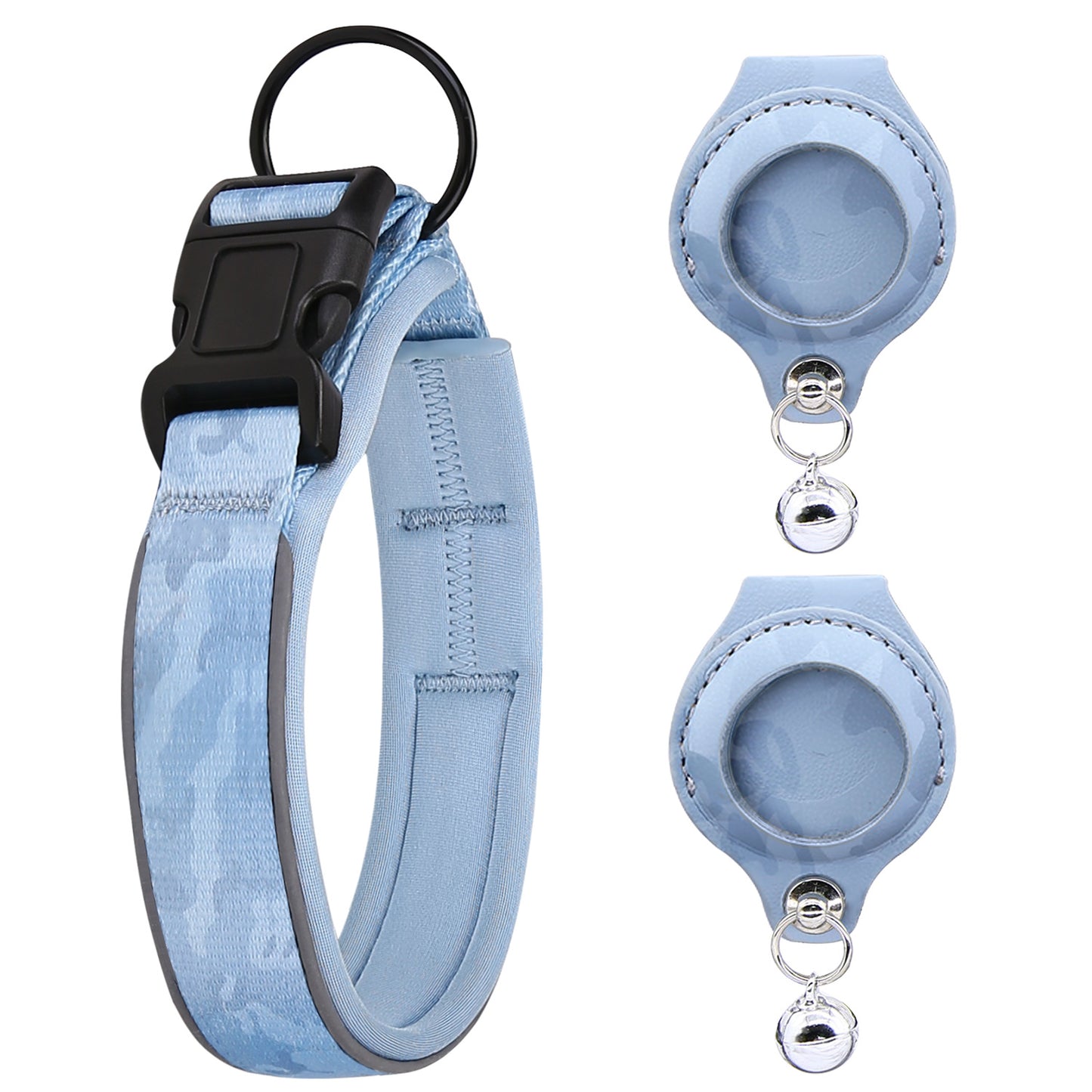 Light blue AirTag Pet Collar with 2 Leather Holders No Tracker Included with black buckle and two matching dog tags on a white background
