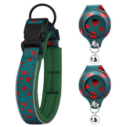 Green AirTag Pet Collar with 2 Leather Holders No Tracker Includedwith red heart pattern and matching retractable leash on a white background