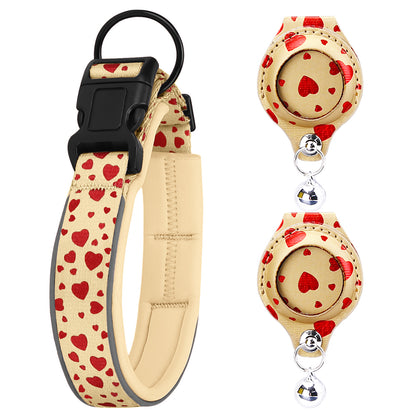 AirTag Pet Collar with 2 Leather Holders No Tracker Included with heart pattern and matching retractable leash on a white background