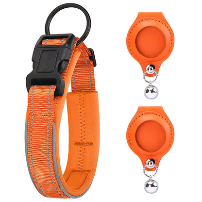 AirTag Pet Collar with 2 Leather Holders No Tracker Included with black buckle and two orange retractable leashes on a white background