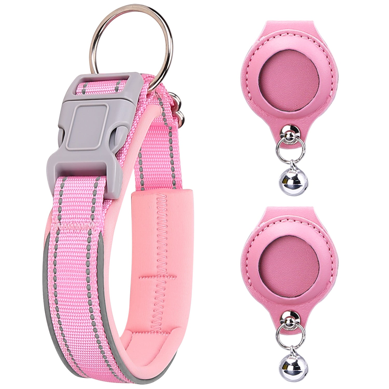 Pink AirTag Pet Collar with 2 Leather Holders No Tracker Included with reflective strip and matching pink clip on a white background