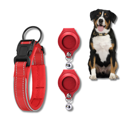 Red AirTag Pet Collar with 2 Leather Holders and retractable leash set with a dog on a white background