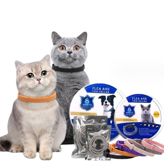 Two cats sitting next to the packaged Adjustable Anti-Insect Collar, providing flea, tick, and lice protection for up to 8 months.