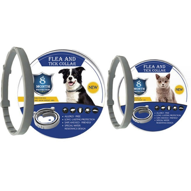 Adjustable Anti-Insect Collars for dogs and cats, providing up to 8 months of protection against fleas, ticks, and lice, shown side by side.