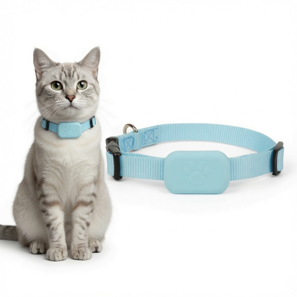 Cat wearing a blue Apple-Compatible Pet Collar Tracker next to an additional blue collar on a white background