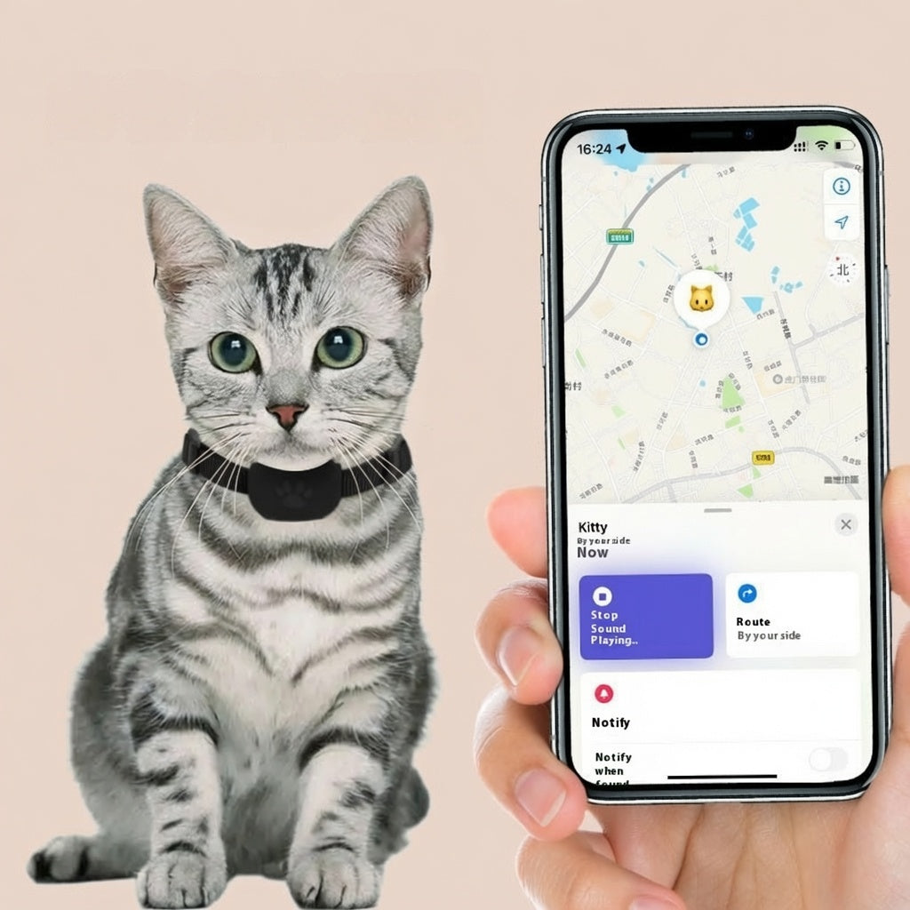 Cat wearing a black Apple-Compatible Pet Collar Tracker with a smartphone displaying a pet tracking app on a beige background