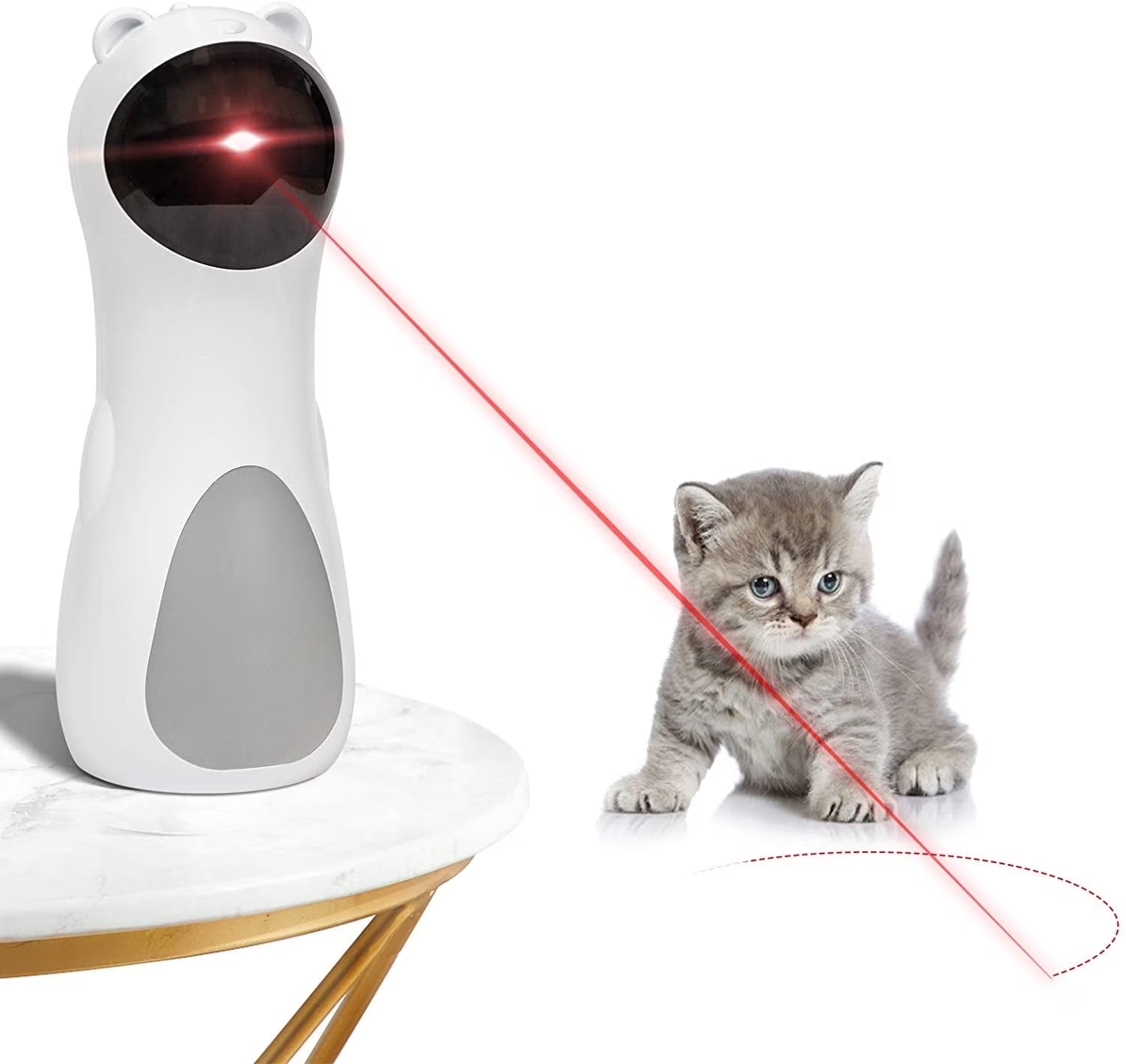 White electronic device with red laser beam and a kitten on a white background