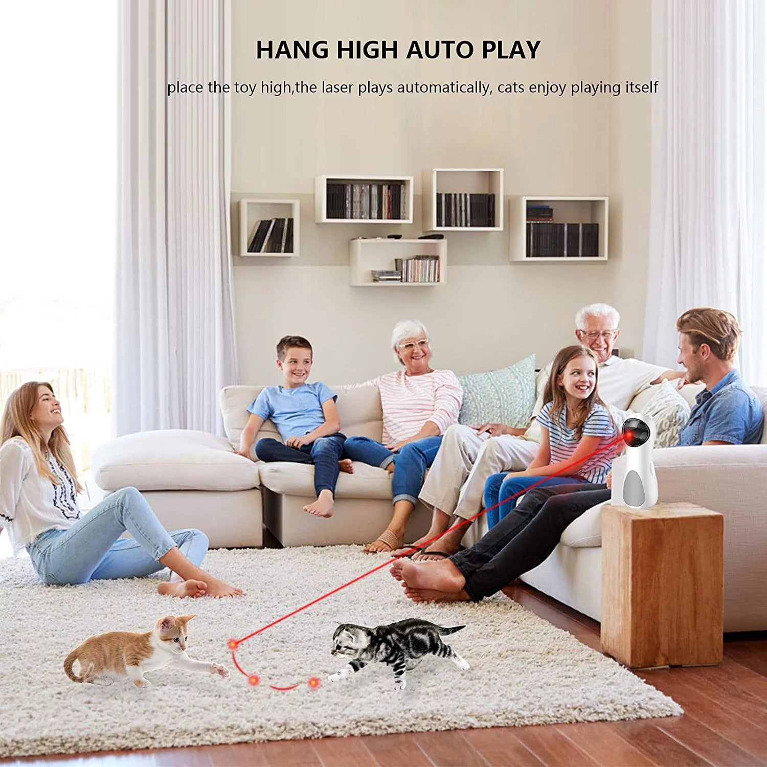 Family in a living room with a cat playing with a toy laser pointer.
