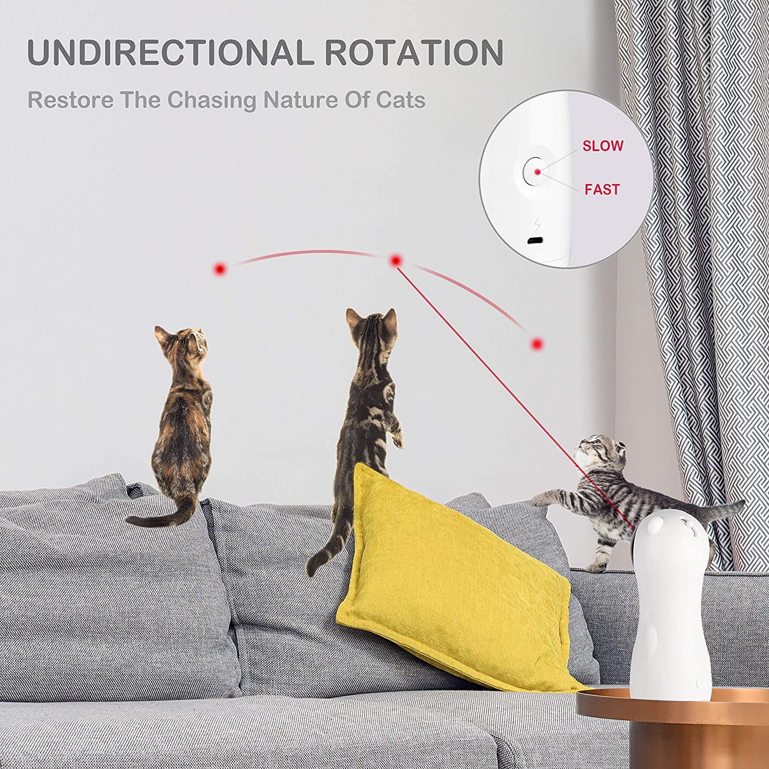 Cat toy with undirectional rotation feature on a sofa