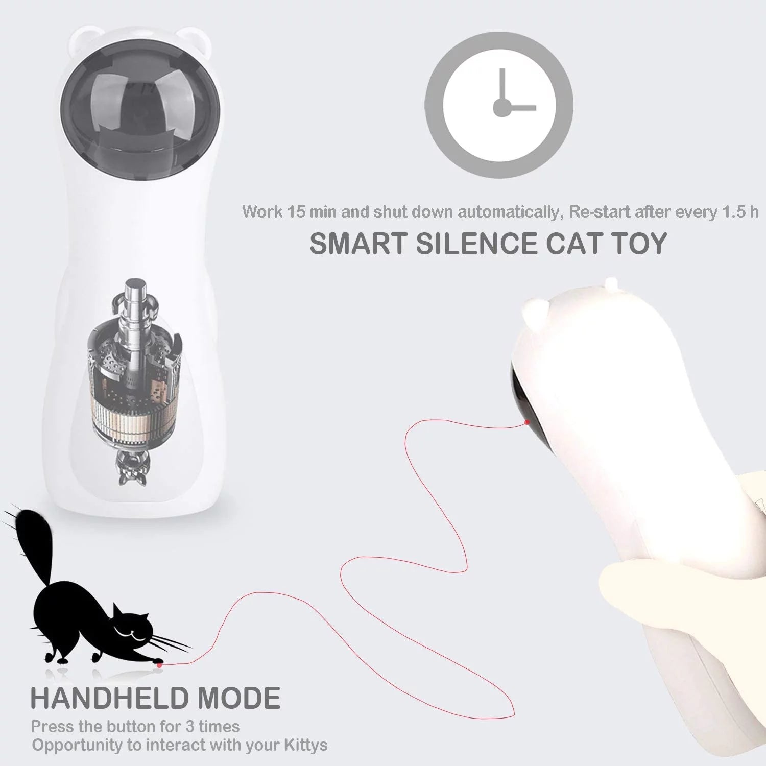 Smart silence cat toy with handheld mode on a light gray background