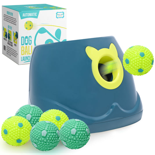 Dog ball launcher with green and blue balls and packaging in the background
