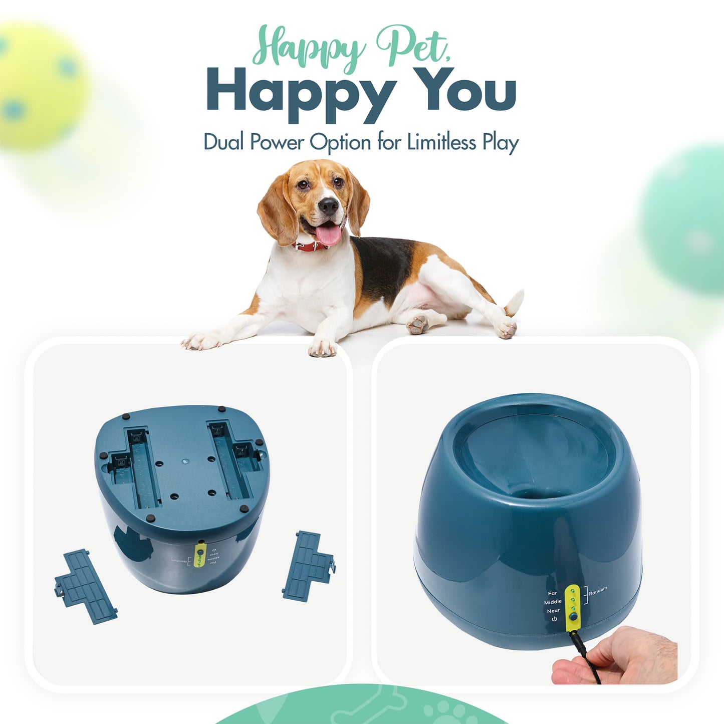 Pet toy with dual power option for limitless play, featuring a dog and text 'Happy Pet, Happy You'.