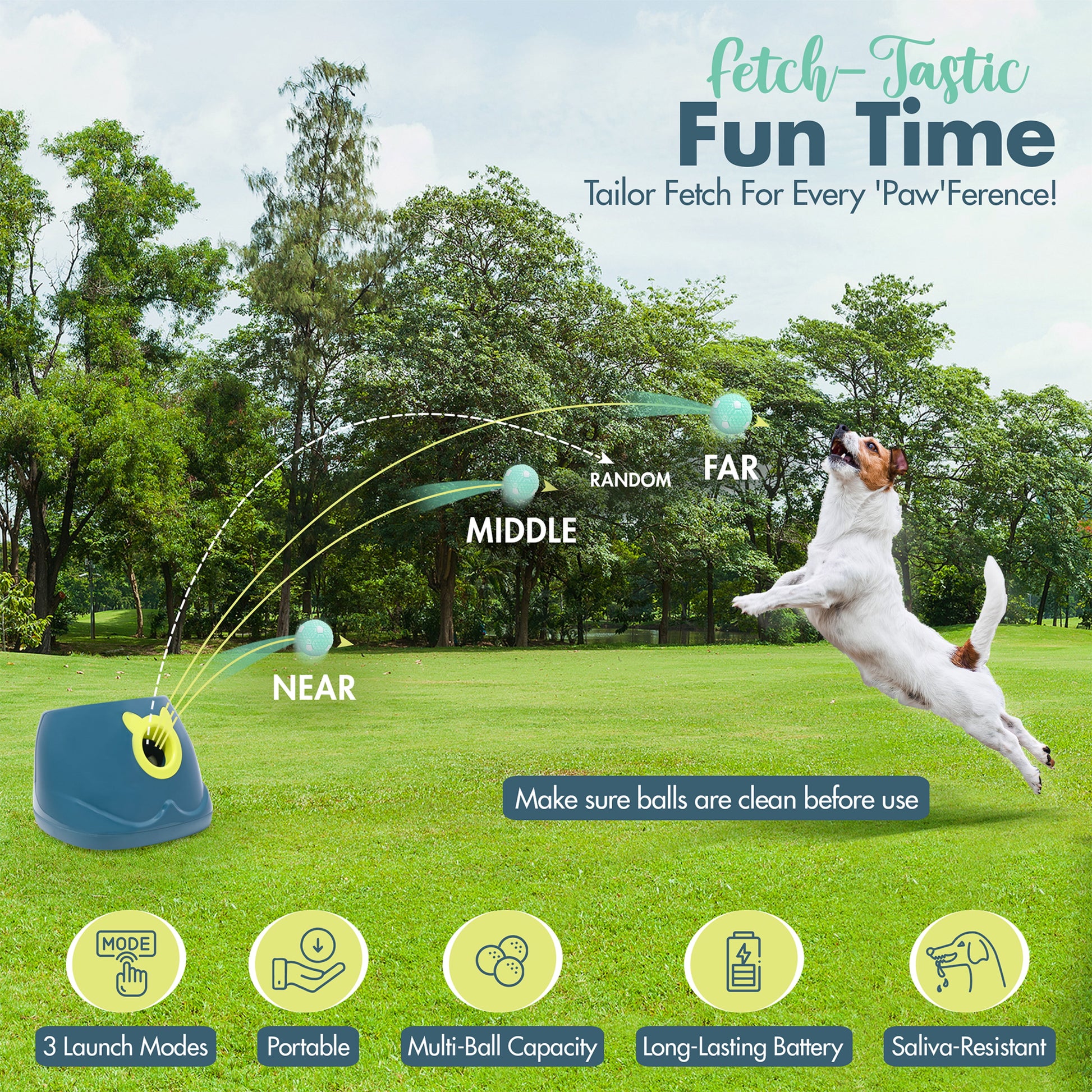 Dog playing with a toy launcher in a park with text about the product's features.