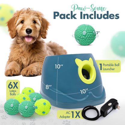 Dog toy set with a portable ball launcher, latex balls, and AC adapter on a white background.