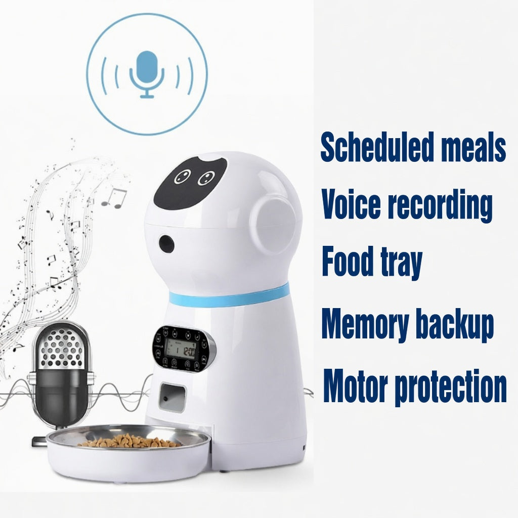White Automatic Pet Feeder with features listed on a white background