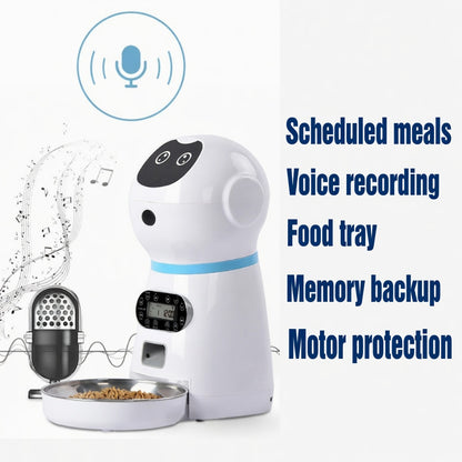 White Automatic Pet Feeder with features listed on a white background