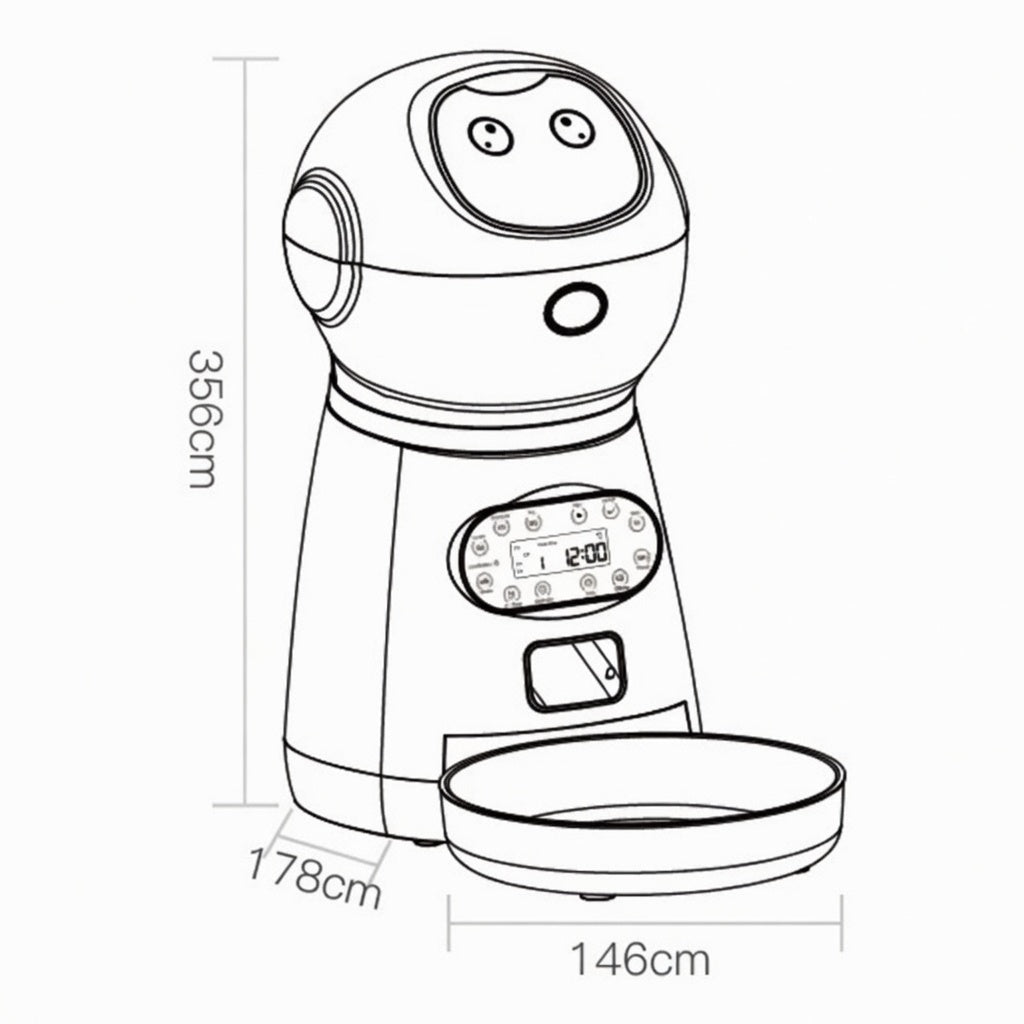 Measurement chart of an Automatic Pet Feeder with dimensions labeled