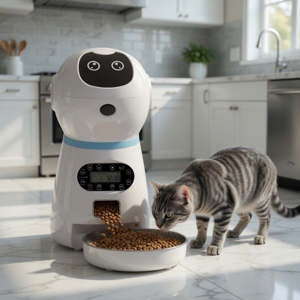 Cat interacting with an Automatic Pet Feeder in a kitchen.