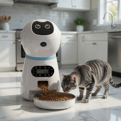 Cat interacting with an Automatic Pet Feeder in a kitchen.