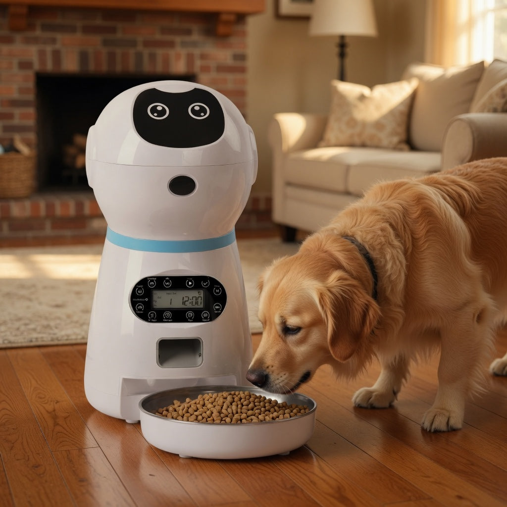 Dog eating from an Automatic Pet Feeder in a living room.