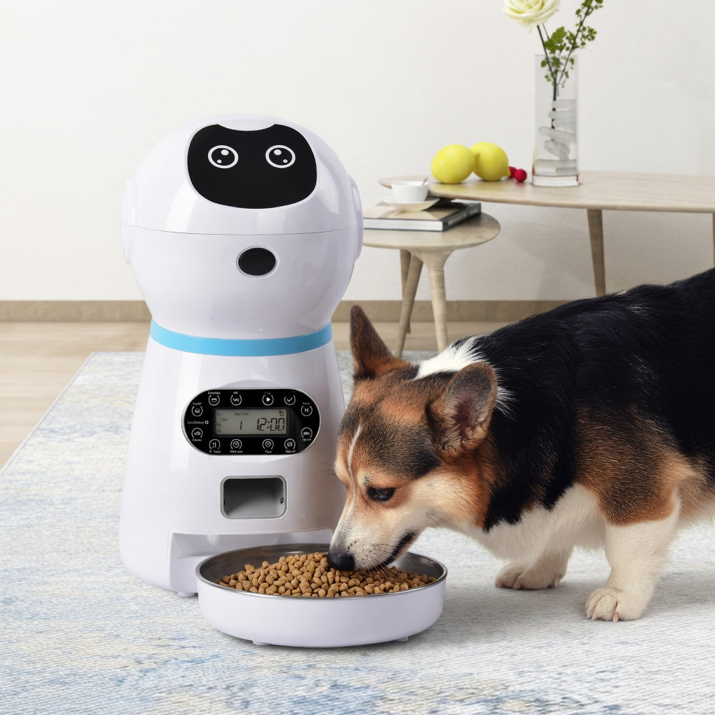 Automatic Pet Feeder and a dog eating from a bowl in a home setting.