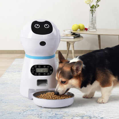 Automatic Pet Feeder and a dog eating from a bowl in a home setting.