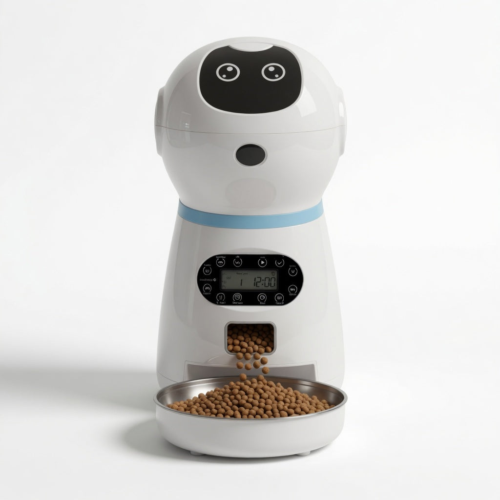 White Automatic Pet Feeder with a bowl of food on a white background