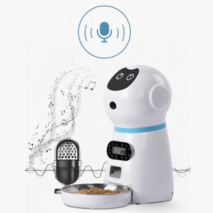 White Automatic Pet Feeder with digital display and microphone icon on a white background