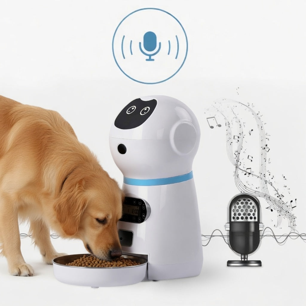 Dog eating from a bowl next to an Automatic Pet Feeder with microphone and sound wave graphics.