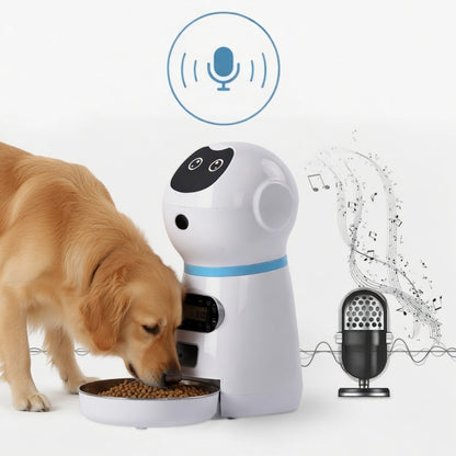 Dog eating from a bowl next to an Automatic Pet Feeder with microphone and sound wave graphics.