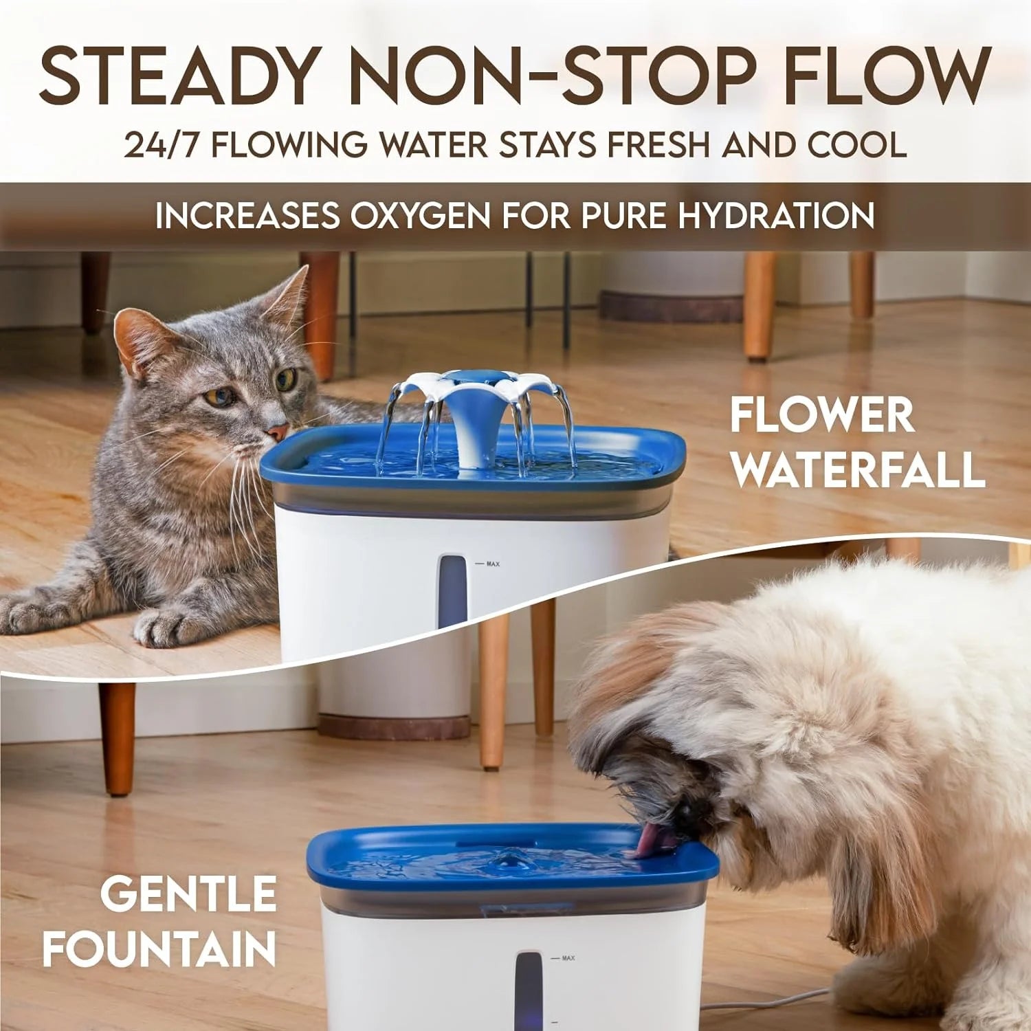 Pet water fountain with text highlighting features, used by a cat and dog.