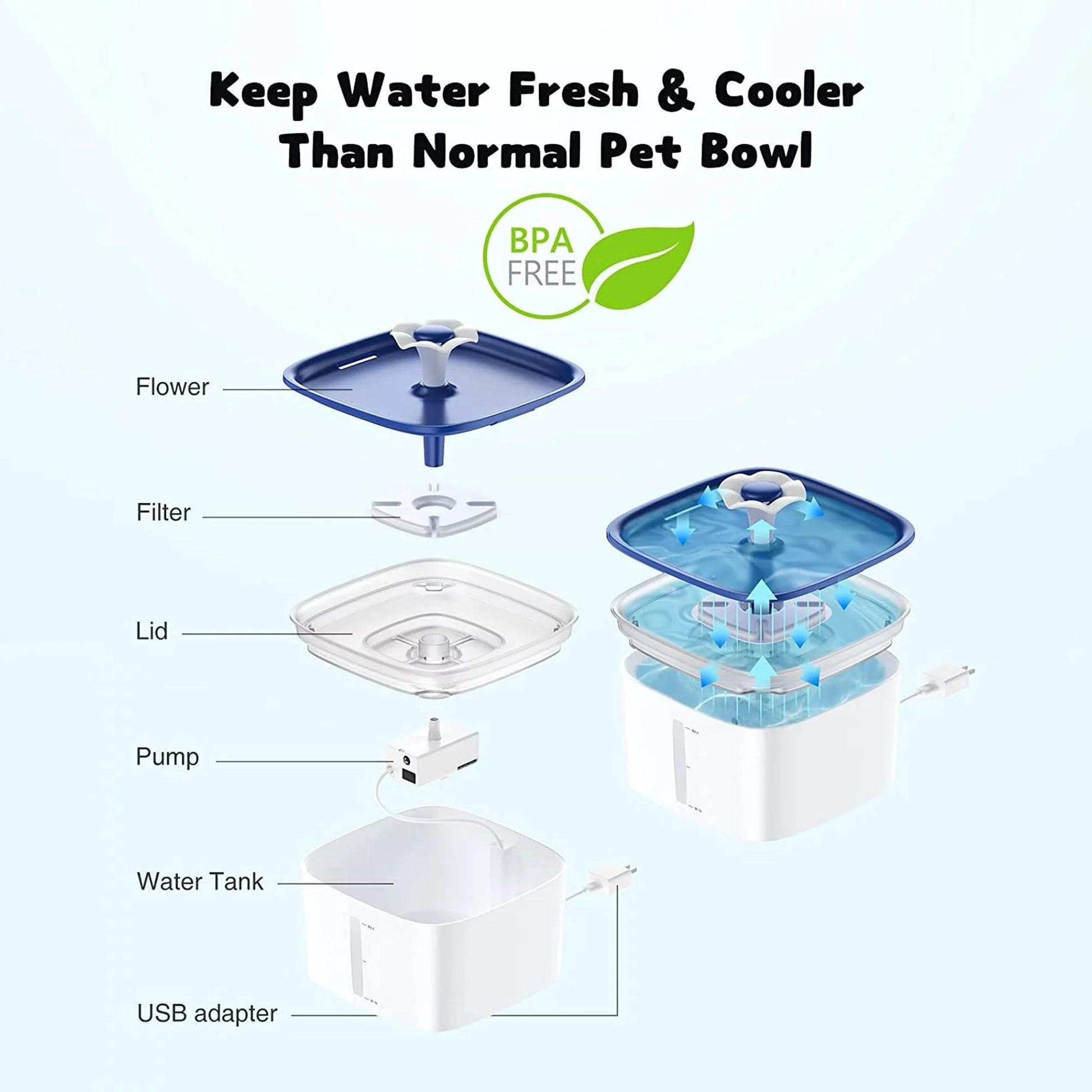 Pet water bowl with labeled parts on a white background