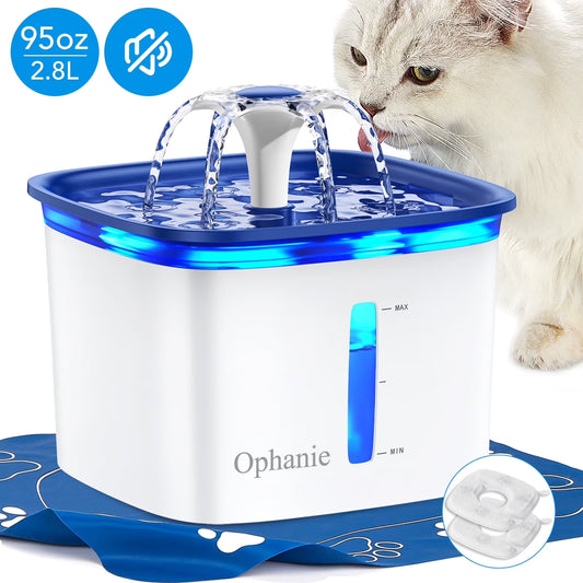 Ophanie pet water fountain with a cat drinking from it, featuring blue accents and a visible water level indicator.