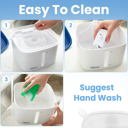 Collage showing how to clean a white pet water bowl with text 'Easy To Clean' and 'Suggest Hand Wash'.